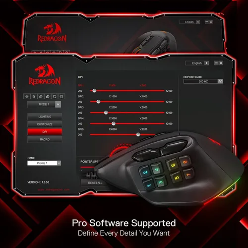 Vista 8 de Redragon M811 Aatrox - Ratón para juegos MMO, 15 botones programables con cable RGB con agarre natural ergonómico, 10 teclas macro laterales
