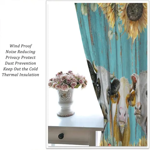 Vista 6 de Cortinas de vaca de animales de granja, ventana con estampado de girasol y vida silvestre del oeste para dormitorio, bolsillo para barra de madera