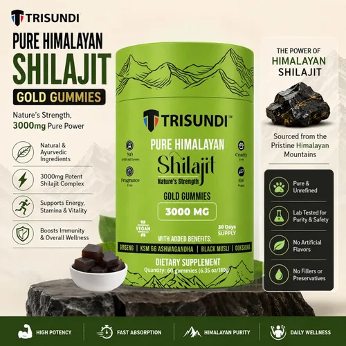Vista 6 de Gomitas de oro Shilajit del Himalaya de 3000 mg Mezcla de hierbas con ginseng, KSM-66 Ashwagandha, Black Musli y Gokshura Suplemento vegano - 60