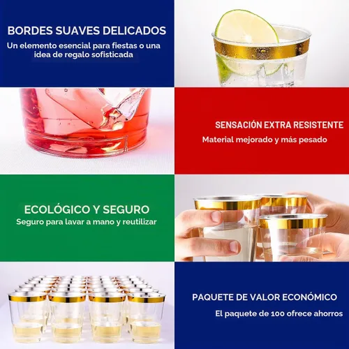 Vista 4 de JOLLY CHEF Paquete de 100 vasos de plástico dorados, vasos desechables Borde dorado de 10 onzas