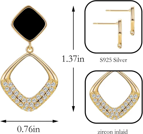 Vista 5 de BTOYM Dangle Earrings 14k Gold Plated Drop Earrings Double Linear Geometric Round Diamond Boho Earrings for Women Girls