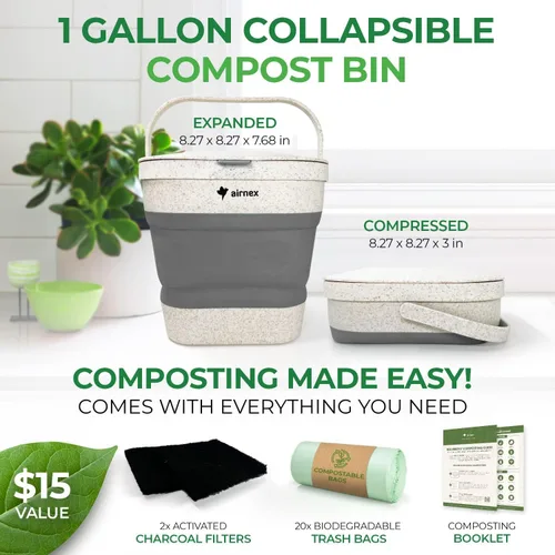 Vista 2 de AIRNEX Contenedor de Compost Plegable para Mostrador de Cocina - Contenedor de Compost de Mostrador de 1 Galón con Tapa Hecho de Paja de Trigo Gris