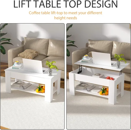 Vista 7 de Mesa de centro elevable con almacenamiento para sala de estar, mesa consola de madera rústica, mesa de té central de escritorio oculta para muebles