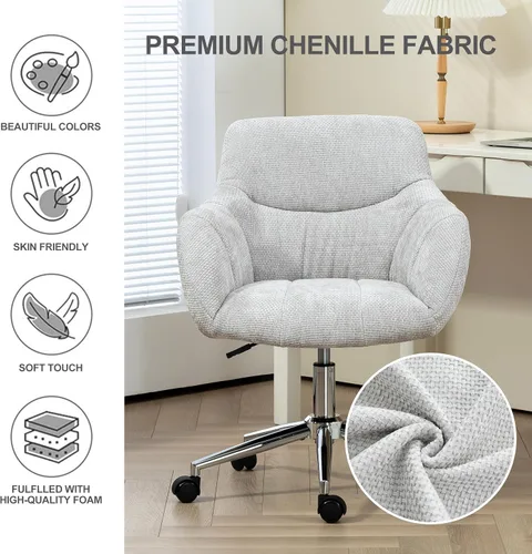 Vista 5 de Sillas de escritorio de oficina en casa, silla giratoria pequeña para computadora con ruedas, silla de tocador tapizada, silla de oficina