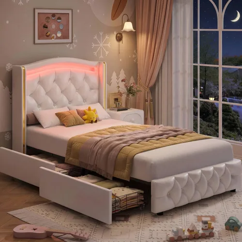 Vista 9 de Hifit Base de cama LED, tamaño individual, cabecera capitoné con botones de cristal, 4 cajones, moderna, piel sintética, de princesa, para niñas,