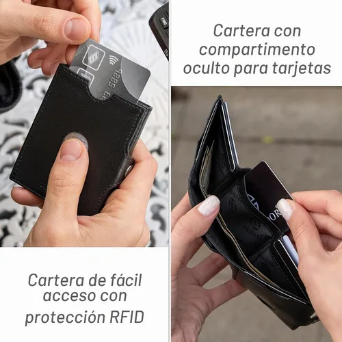 Vista 5 de TRUSADOR Billetera unisex de cuero Valencia pequeña y compacta con bolsillo frontal RFID y bolsillo para monedas, Negro