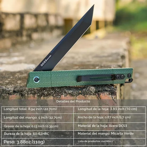 Vista 4 de Cuchillo plegable de bolsillo Flipper, hoja de acero DC53 y mango G10. Con clip de bolsillo y rompevidrios, cuchillo de bolsillo para hombres Verde