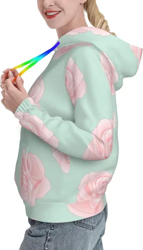 Vista 3 de BcoDoN Womens Pink Rose On Green Hoodies Sweatshirt Hooded Pullover Tops For Ladies