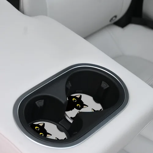 Vista 5 de Lindos portavasos de cerámica para coche con diseño de gatos negros para mujeres/hombres, portavasos para automóvil con muesca de dedo 2.5 pulgadas