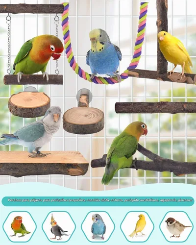 Vista 7 de DBNESS - Perchas para pájaros, 8 piezas de madera natural, soporte de escalada para loros, juguetes para jaula de pájaros, accesorios para colgar
