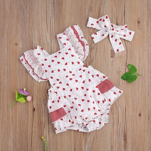 Vista 3 de Mono para bebé niña de San Valentín con mangas sin espalda y estampado de corazón con diadema