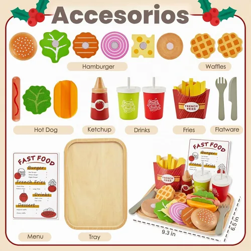 Vista 6 de BUYGER Fast Food Play Food Toys for Kids, Wooden Hamburger Toys for Toddler