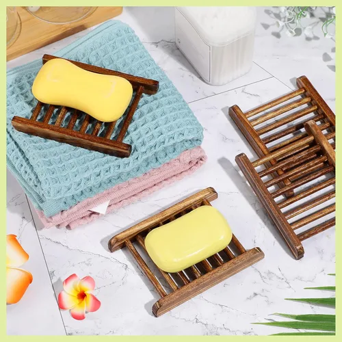 Vista 6 de Honeydak 30 piezas de jabonera de madera de bambú, bandeja de jabón de madera, estuche de esponja de madera para baño, hecho a mano, accesorios