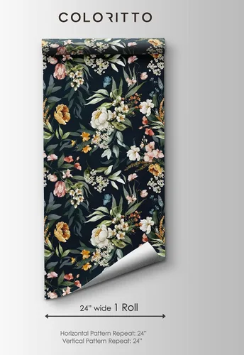 Vista 5 de Papel pintado de flores oscuras Papel tapiz floral autoadhesivo extraíble Papel tapiz de peonías y hojas para despegar y pegar