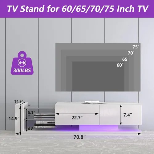 Vista 7 de Linique Soporte de TV multifuncional con luz LED, sistema de música, 2 puertos USB y 2 salidas de CA, moderno centro de entretenimiento con 2