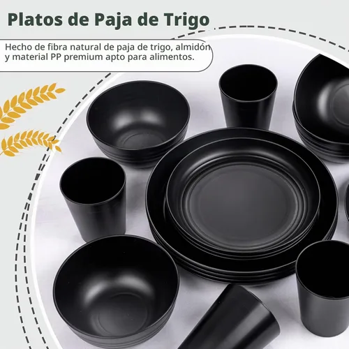 Vista 3 de LIYH - Juego de vajilla de paja de trigo irrompible de 16 piezas, color Negro