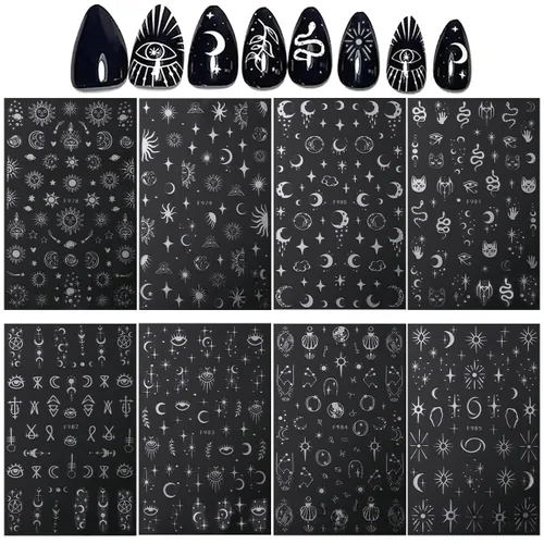 Vista 7 de 8 hojas de calcomanías metálicas para arte de uñas, luna plateada, estrella, sol, calcomanías de uñas de serpiente, calcomanías 3D autoadhesivas