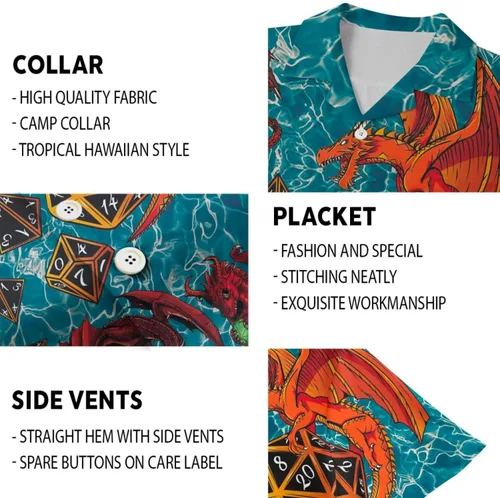 Vista 5 de Camisa de playa Aloha de manga corta con diseño de dragón de mazmorra y estampado floral para verano