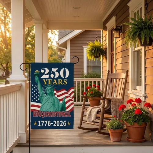 Vista 6 de Bandera de jardín de 250 años de América, pancarta patriótica de doble cara del 250 aniversario de Estados Unidos, diseño de estatua de la libertad