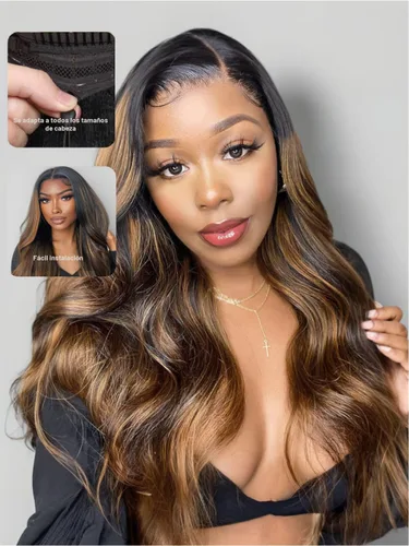 Vista 3 de UNICE Adiós a los Nudos - Peluca de onda corporal 7x5, con encaje HD frontal precortado, pelo humano con cordón elástico de tracción, balayage