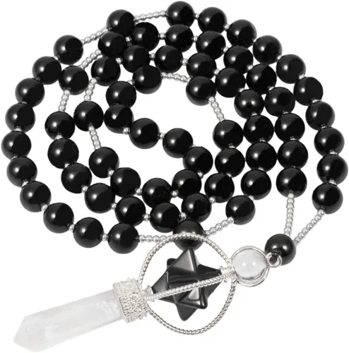 Vista 2 de SUNYIK Collar con colgante de chakra de estrella Merkaba de giro natural para mujeres y hombres, prismas hexagonales, punta de piedra reiki, varita