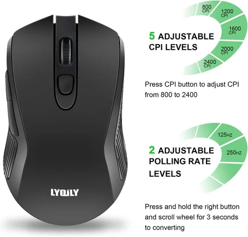 Vista 4 de Mouse óptico inalámbrico de 2,4 G, ahorro de energía, 5 DPI, 6 botones para PC y portátil