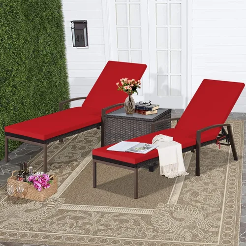 Vista 9 de RELAX4LIFE Tumbona para exteriores, silla de piscina de ratán ajustable de 5 posiciones con cojín, silla reclinable, marco de metal, tumbona de Rojo