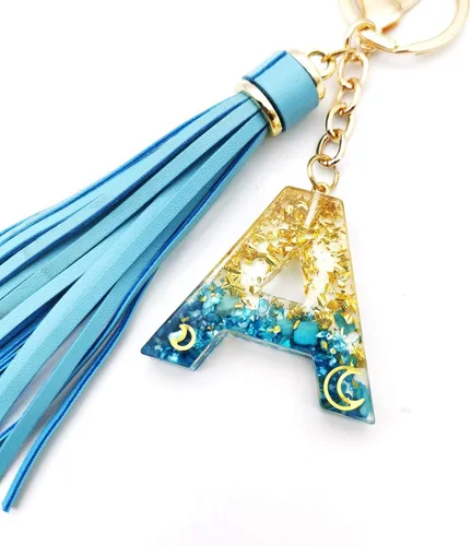 Vista 5 de Llavero con letra inicial del alfabeto azul, dije dorado con purpurina dorada, llavero con borla para bolso, bolsos, mujeres y niñas