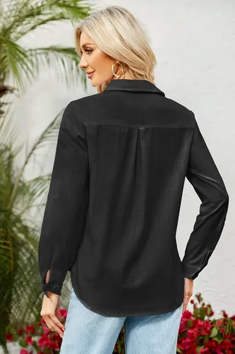 Vista 3 de Runcati Camisa de manga larga con cuello en V y botones para mujer, blusa casual de lino y algodón, ajuste holgado