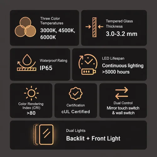 Vista 2 de Espejo LED plateado para baño, horizontal y vertical, con botón sensible (C-CK010)