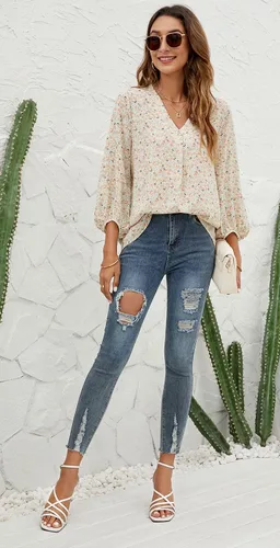 Vista 4 de POGTMM Blusa de verano de gasa con cuello en V y manga 34 para mujer, casual, holgada, para el trabajo, negocios, floral, túnica