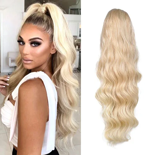 Vista 7 de KETHBE Extensión de pelo para cola de caballo de 24 pulgadas con onda corporal, sintética, resistente al calor, con cordón envolvente, rizada y 1b#