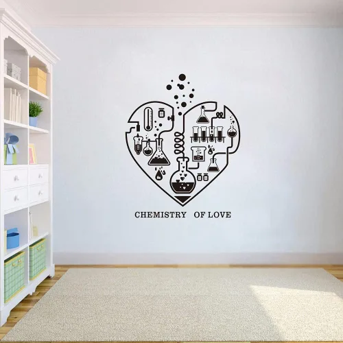 Vista 3 de Calcomanía de pared de química para aula o laboratorio, calcomanía de molécula de corazón de ciencia con diseño de "Química del amor", arte