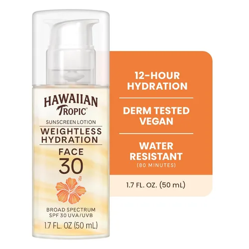 Vista 9 de Loción protector solar Hawaiian Tropic Weightless Hydration SPF 30 para rostro, 1.7 oz Loción protector solar de tamaño para viajar, elementos