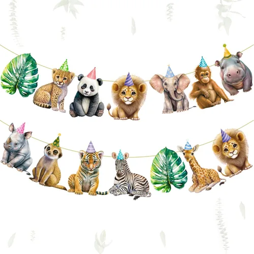Vista 2 de Pancarta de animales de safari, 2 unidades, banderines recortados para fiesta de selva, carteles colgantes con temática de safari, decoraciones