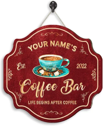 Vista 24 de Artsy Woodsy Letrero personalizado de madera para barra de café (no tallada o neón), placa de pared para decoración de cocina, regalos 01