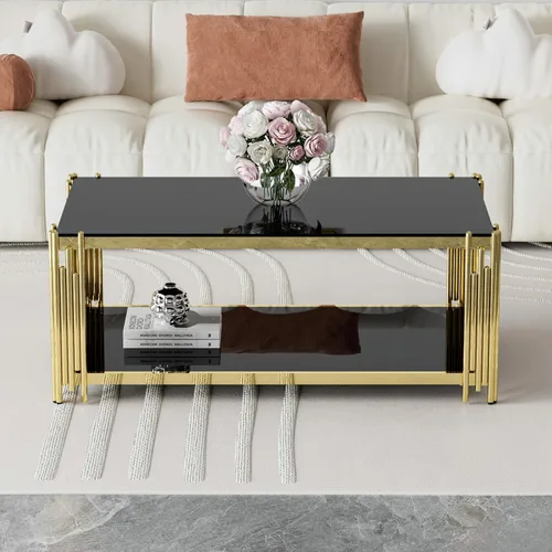 Vista 8 de Mesa de centro de cristal negro de 43 pulgadas, mesa moderna para sala de estar, acero inoxidable dorado, patas de metal, rectangular, de vidrio