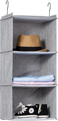 Vista 11 de Organizador colgante para armario y almacenamiento con 3 estantes, estantes colgantes plegables de montaje fácil para guardar ropa, bolsos, zapatos