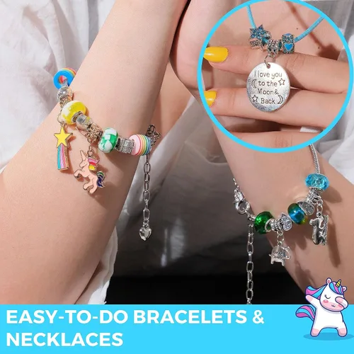 Vista 6 de Modda Kit de fabricación de pulseras con dijes de unicornio, kit de joyería con temática de unicornio con dijes, cuentas, bolsa para niñas de 8 a 12
