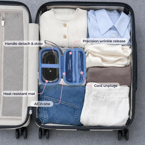Vista 6 de Mini plancha de viaje para ropa, plancha seca portátil de doble voltaje Negro