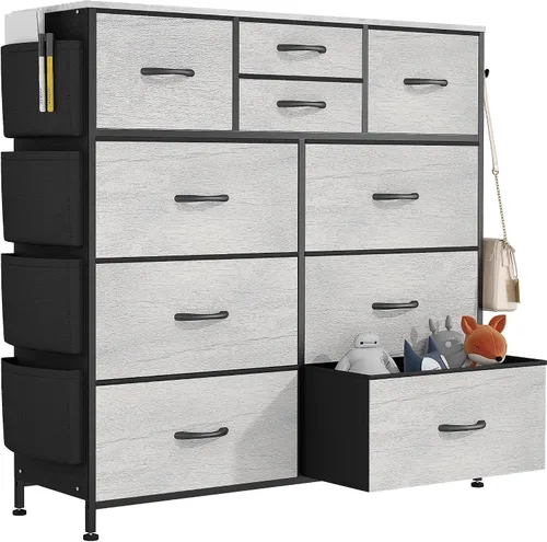 Vista 7 de Lulive Cómoda negra de 10 cajones para dormitorio, soporte de TV con toma de corriente, cómoda central de entretenimiento para TV de 55 pulgadas