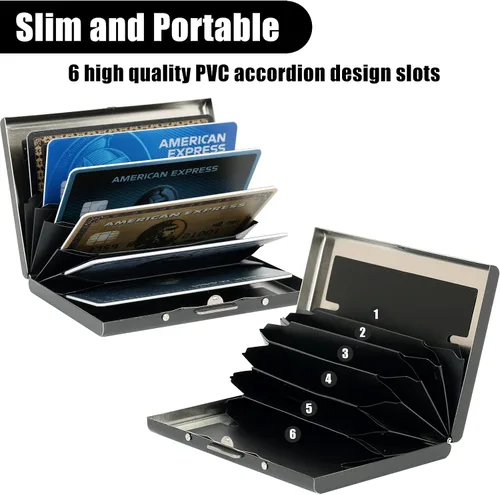 Vista 90 de BONSYL® Soporte para tarjetas de crédito, cartera delgada de metal con bloqueo RFID, con 6 ranuras para tarjetas, para mujeres y hombres.
