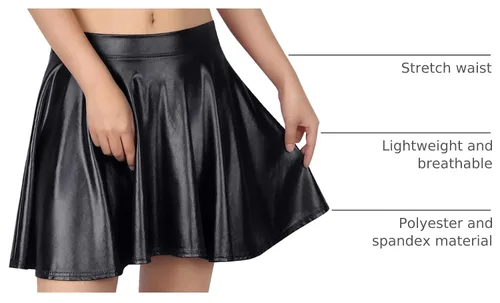 Vista 4 de HDE Falda acampanada plisada para mujer, estilo casual, metálica, acampanada, para patinadora Negro