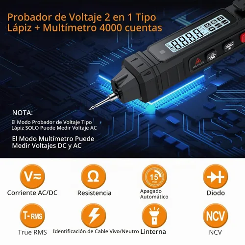 Vista 3 de Neoteck 4000 cuenta 2 en 1 tipo bolígrafo digital multímetro probador de voltaje Intelligent TRMS Multimeter Non-Contact Voltmeter for AC/DC