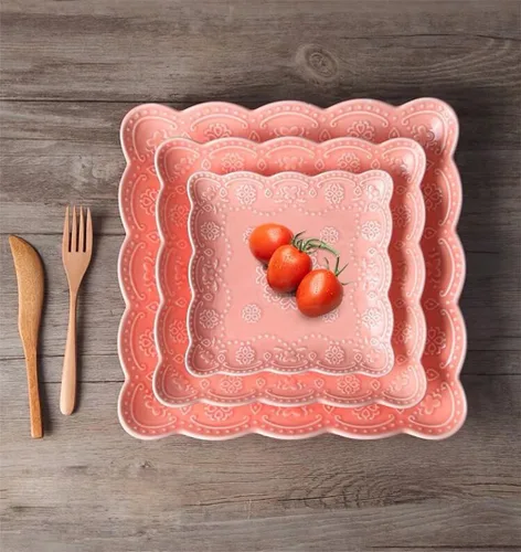 Vista 7 de Eplze YBK Tech - Elegante plato cuadrado de encaje en relieve, plato de postre de porcelana de hueso para desayuno o té de la tarde