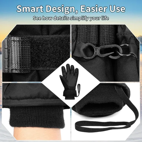 Vista 4 de Guantes de esquí, impermeables, compatibles con pantalla táctil, relleno de 3M EC120, cuerda antipérdida para padres e hijos