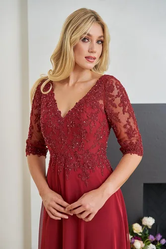 Vista 3 de Women's V Neck Lace Appliques Mother of The Bride Dress with Sleeves Slit Long Formal Party Gowns