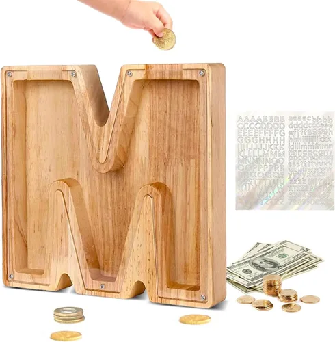 Vista 13 de Alcancía de Madera Personalizada con Letras del Alfabeto, Banco de Monedas con Letras del Alfabeto para Niños, Niñas y Bebés, Tamaño Grande, 26
