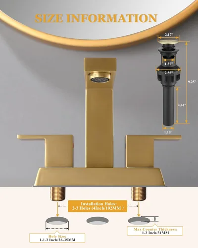 Vista 4 de Tohlar Grifo de baño de oro cepillado de 2 manijas y 4 pulgadas con drenaje desplegable y 2 mangueras sin plomo