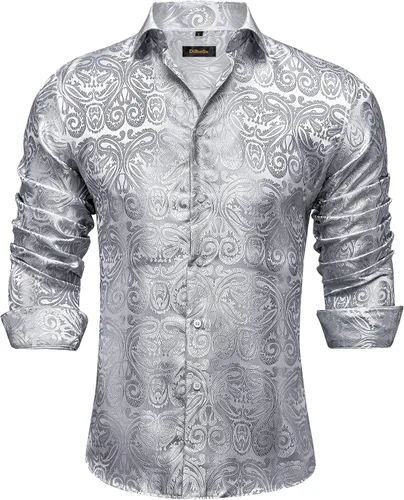 Vista 19 de DiBanGu Camisa de vestir de paisley de seda para hombre, formal, de manga larga, con cuello abotonado, camisas informales para fiesta de boda Negro